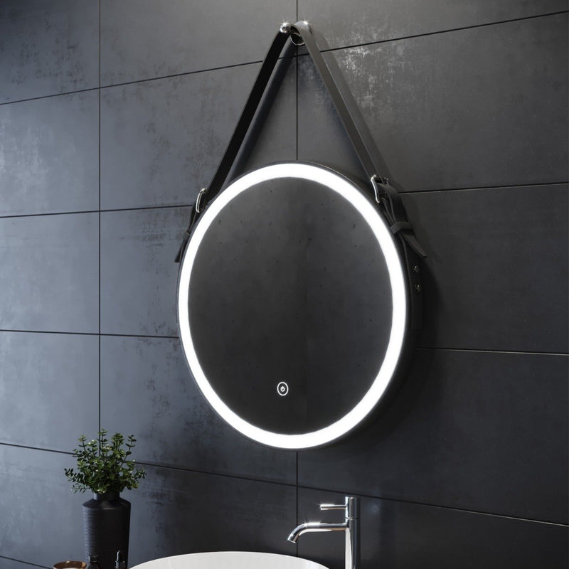 Optim Noir LED Illuminated Round 600mm Black Mirror with Belt & Hanging Peg - Black