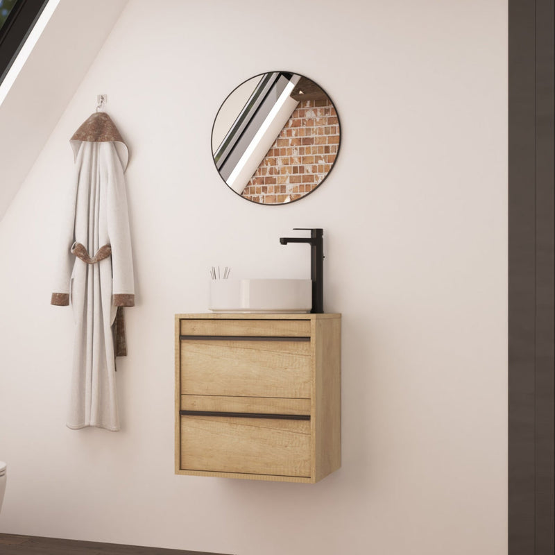 Mattila Noir 500x390mm Wall Hung Vanity Unit with Matt Black Handles - Rustic Oak