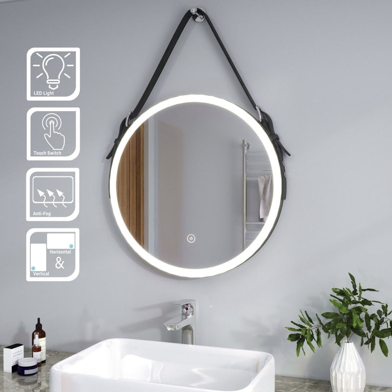 Optim Noir LED Illuminated Round 600mm Black Mirror with Belt & Hanging Peg - Black