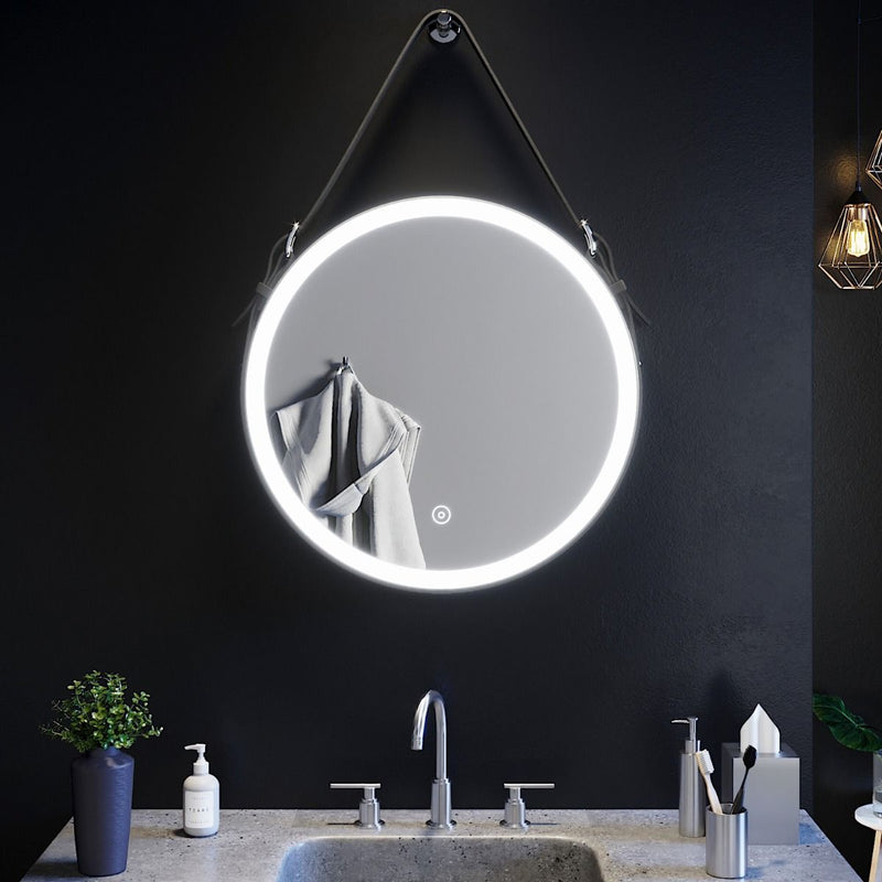 Optim Noir LED Illuminated Round 600mm Black Mirror with Belt & Hanging Peg - Black