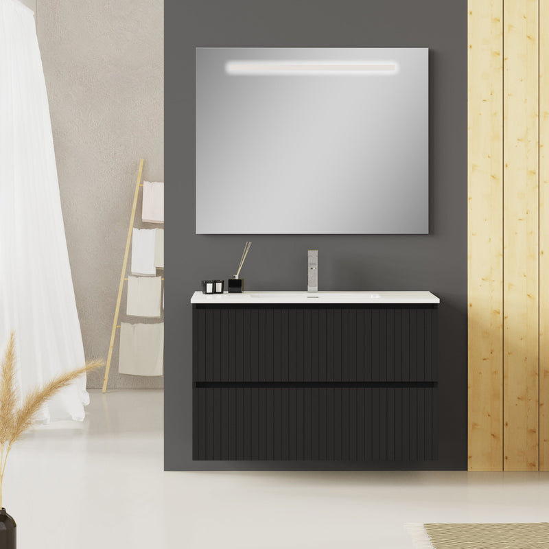 Banyetti Linea Matt Black Fluted Double Drawer Wall Hung Vanity Unit Including Basin 1000mm x 460mm