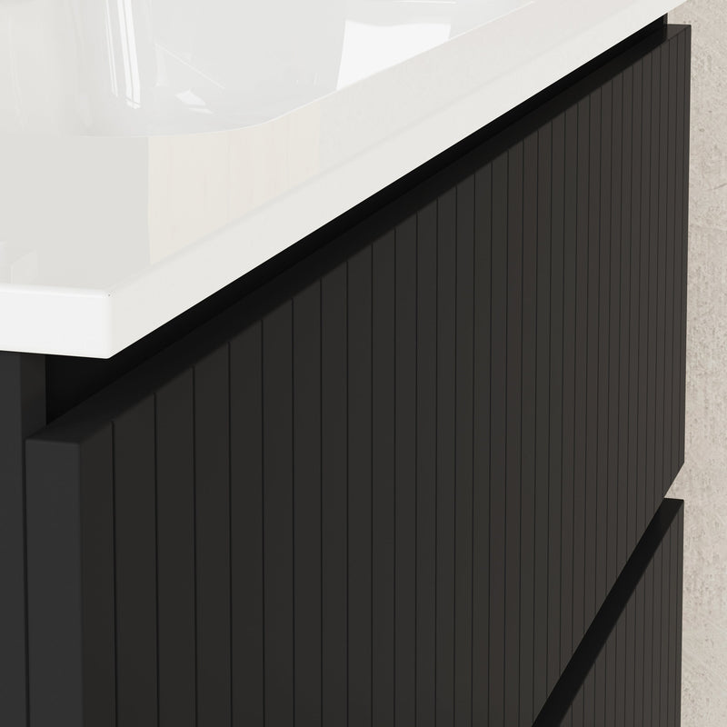 Banyetti Linea Matt Black Fluted Double Drawer Wall Hung Vanity Unit Including Basin 1000mm x 460mm