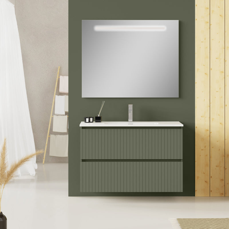 Banyetti Linea Muscat Sage Fluted Double Drawer Wall Hung Vanity Unit Including Basin 1000mm x 460mm