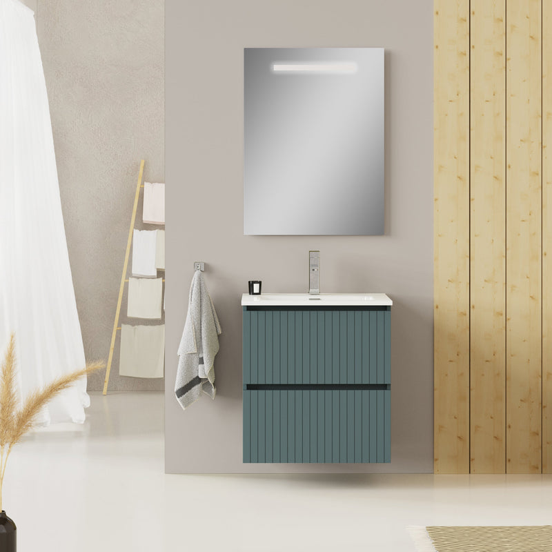 Banyetti Linea Ocean Blue Fluted Double Drawer Wall Hung Vanity Unit Including Basin 600mm x 460mm