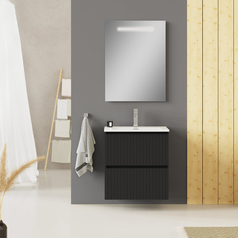 Banyetti Linea Matt Black Fluted Double Drawer Wall Hung Vanity Unit Including Basin 600mm x 460mm