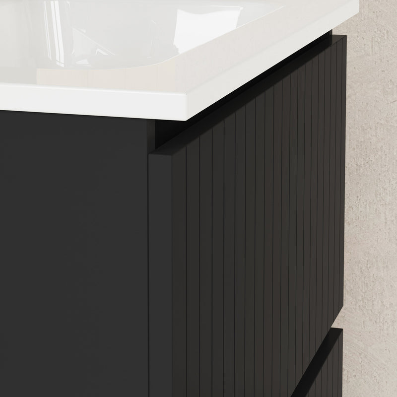 Banyetti Linea Matt Black Fluted Double Drawer Wall Hung Vanity Unit Including Basin 600mm x 460mm