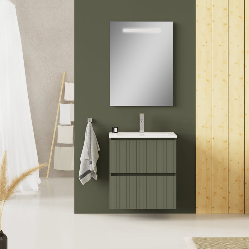 Banyetti Linea Muscat Sage Fluted Double Drawer Wall Hung Vanity Unit Including Basin 600mm x 460mm