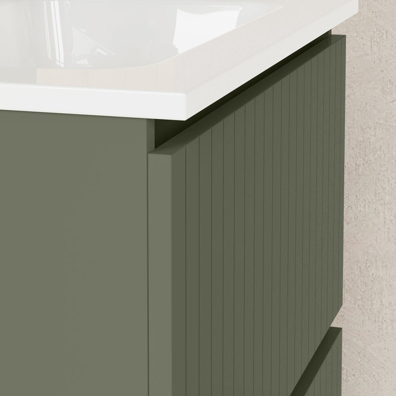 Banyetti Linea Muscat Sage Fluted Double Drawer Wall Hung Vanity Unit Including Basin 600mm x 460mm