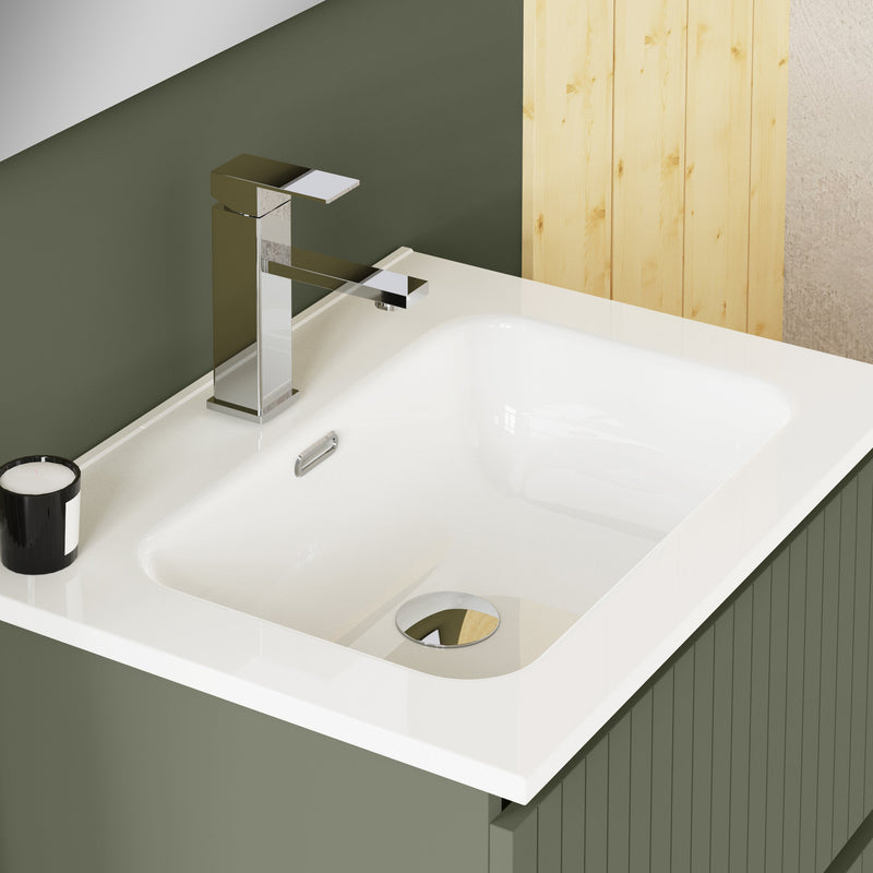 Banyetti Linea Muscat Sage Fluted Double Drawer Wall Hung Vanity Unit Including Basin 600mm x 460mm