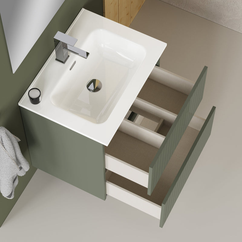 Banyetti Linea Muscat Sage Fluted Double Drawer Wall Hung Vanity Unit Including Basin 600mm x 460mm