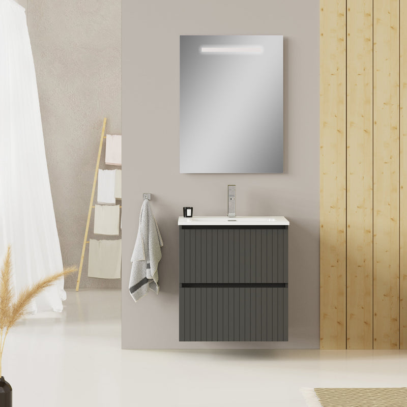 Banyetti Linea Matt Grey Fluted Double Drawer Wall Hung Vanity Unit Including Basin 600mm x 460mm