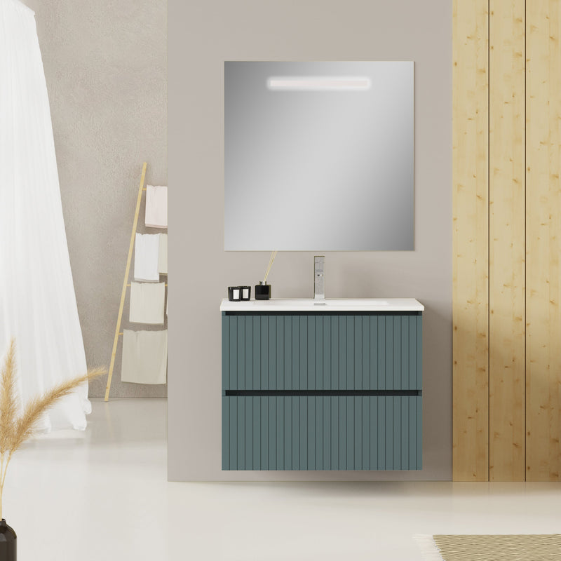 Banyetti Linea Ocean Blue Fluted Double Drawer Wall Hung Vanity Unit Including Basin 800mm x 460mm