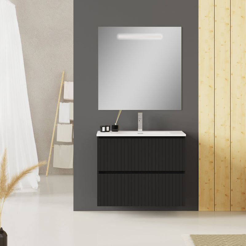 Banyetti Linea Matt Black Fluted Double Drawer Wall Hung Vanity Unit Including Basin 800mm x 460mm