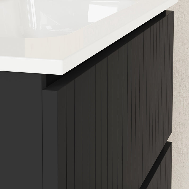 Banyetti Linea Matt Black Fluted Double Drawer Wall Hung Vanity Unit Including Basin 800mm x 460mm