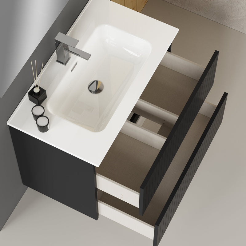 Banyetti Linea Matt Black Fluted Double Drawer Wall Hung Vanity Unit Including Basin 800mm x 460mm