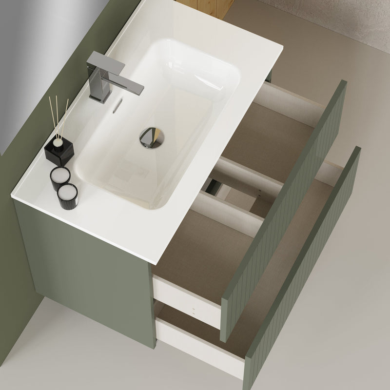 Banyetti Linea Muscat Sage Fluted Double Drawer Wall Hung Vanity Unit Including Basin 800mm x 460mm