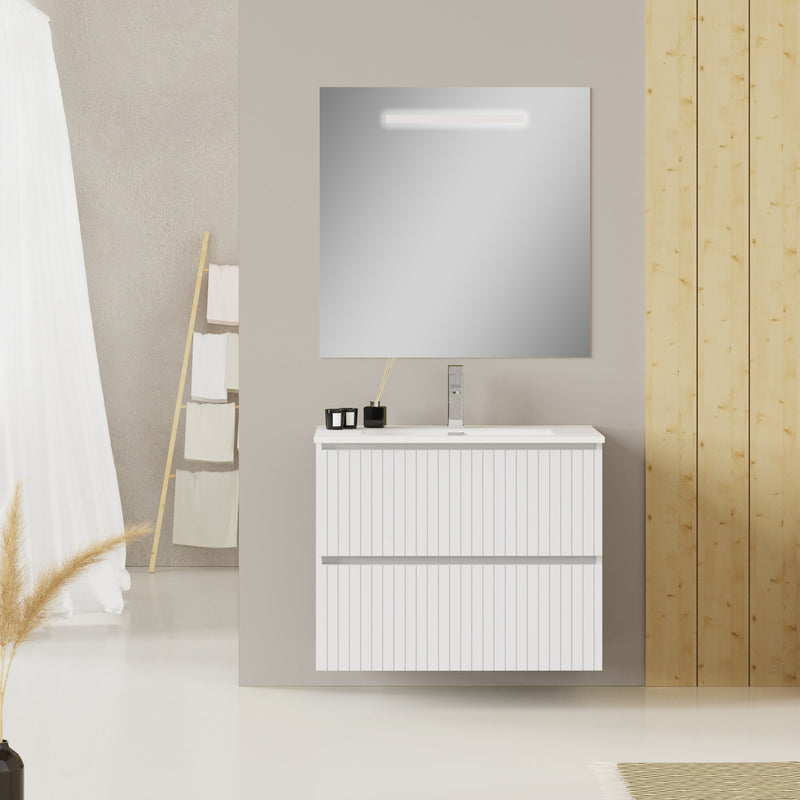 Banyetti Linea Matt White Fluted Double Drawer Wall Hung Vanity Unit Including Basin 800mm x 460mm