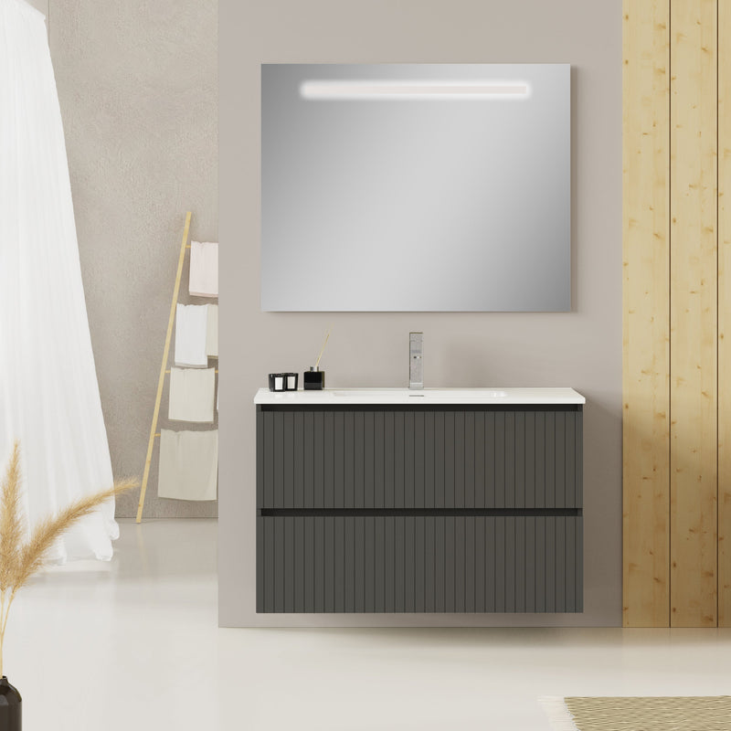 Banyetti Linea Matt Grey Fluted Double Drawer Wall Hung Vanity Unit Including Basin 1000mm x 460mm