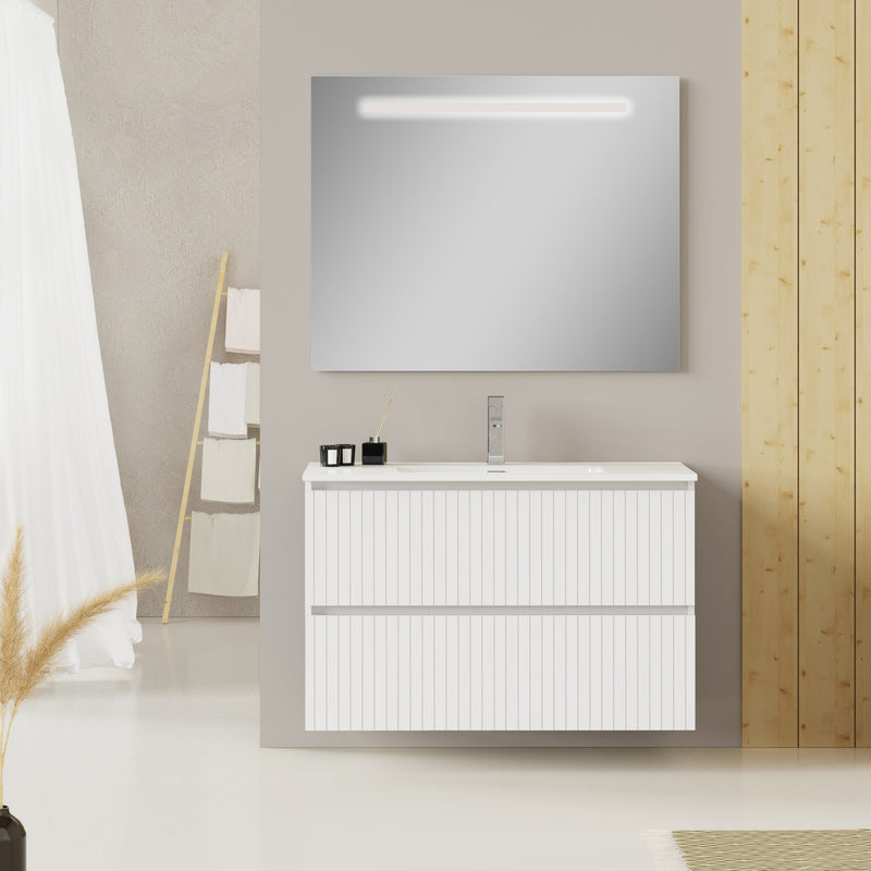 Banyetti Linea Matt White Fluted Double Drawer Wall Hung Vanity Unit Including Basin 1000mm x 390mm