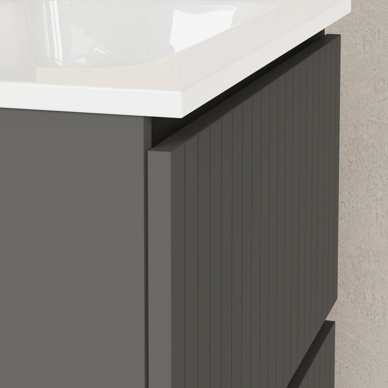 Banyetti Linea Matt Grey Fluted Double Drawer Wall Hung Vanity Unit Including Basin 600mm x 390mm