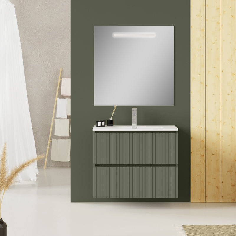 Banyetti Linea Muscat Sage Fluted Double Drawer Wall Hung Vanity Unit Including Basin 800mm x 390mm