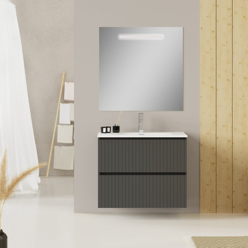 Banyetti Linea Matt Grey Fluted Double Drawer Wall Hung Vanity Unit Including Basin 800mm x 390mm