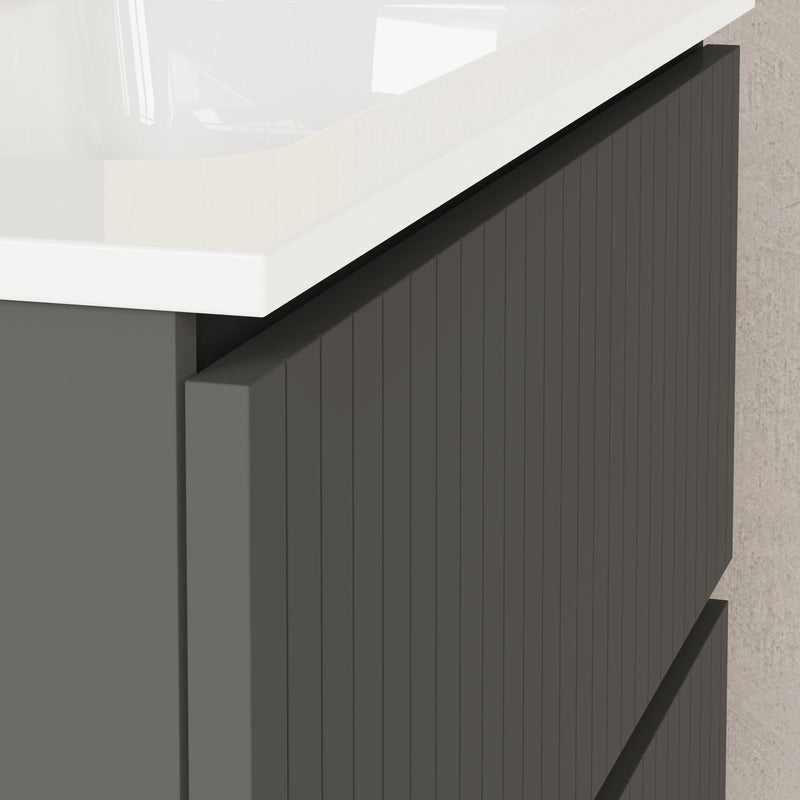 Banyetti Linea Matt Grey Fluted Double Drawer Wall Hung Vanity Unit Including Basin 800mm x 390mm