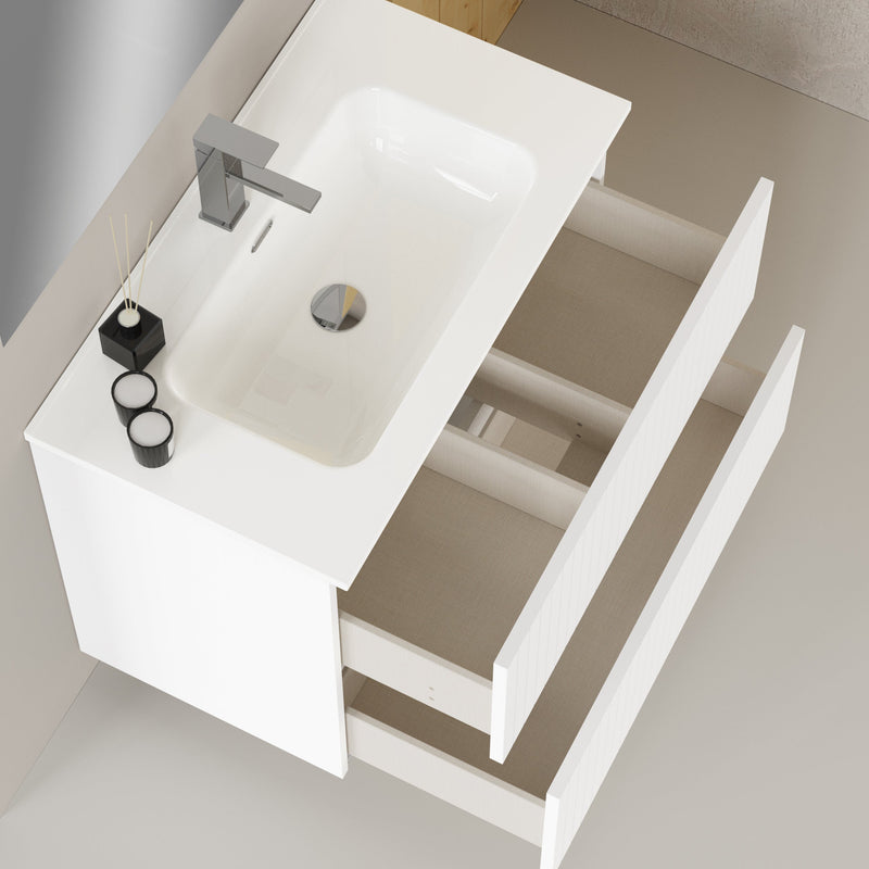 Banyetti Linea Matt White Fluted Double Drawer Wall Hung Vanity Unit Including Basin 800mm x 390mm