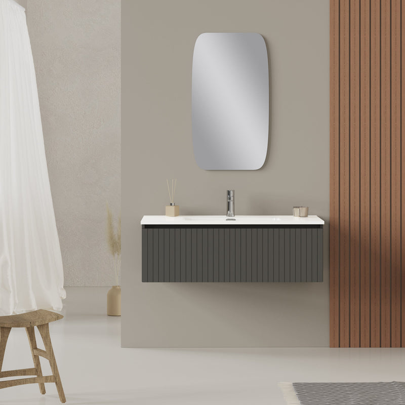 Banyetti Linea Matt Grey Fluted Wall Hung Vanity Unit Including Basin 1000mm x 390mm