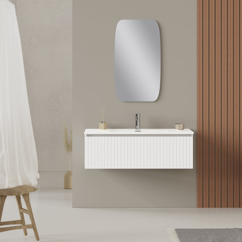 Banyetti Linea Matt White Fluted Wall Hung Vanity Unit Including Basin 1000mm x 390mm