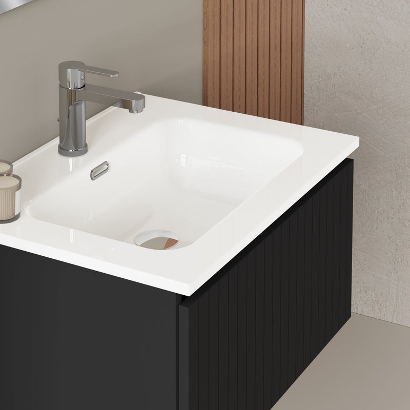 Banyetti Linea Matt Black Fluted Wall Hung Vanity Unit Including Basin 600mm x 460mm