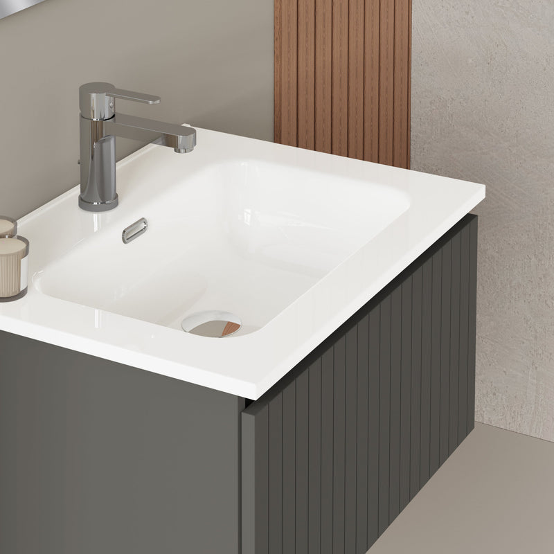 Banyetti Linea Matt Grey Fluted Wall Hung Vanity Unit Including Basin 600mm x 460mm