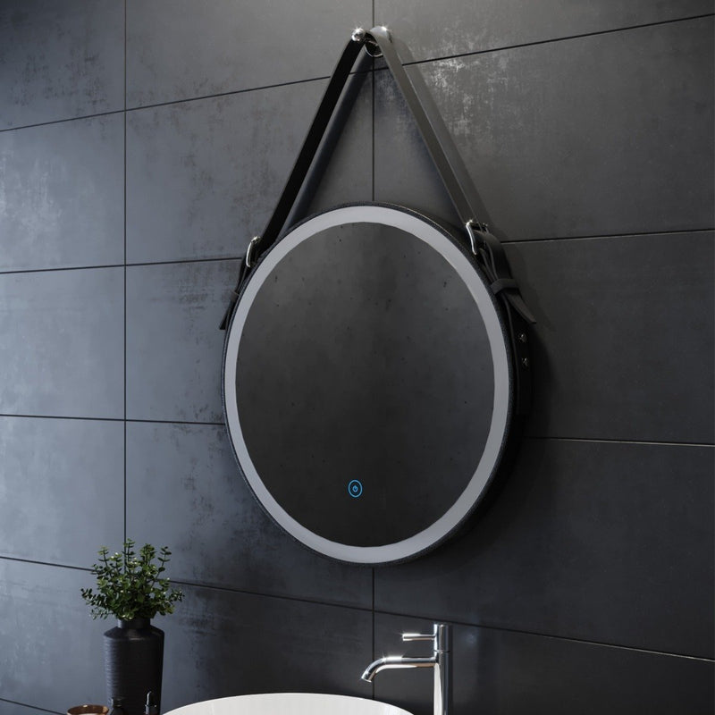 Optim Noir LED Illuminated Round 600mm Black Mirror with Belt & Hanging Peg - Black