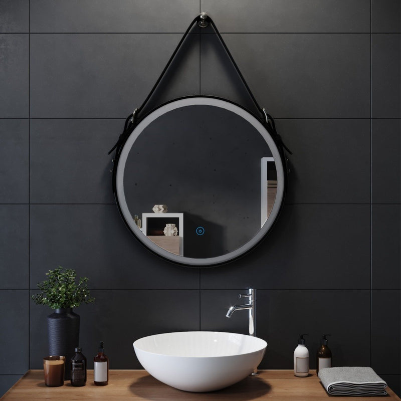 Optim Noir LED Illuminated Round 600mm Black Mirror with Belt & Hanging Peg - Black