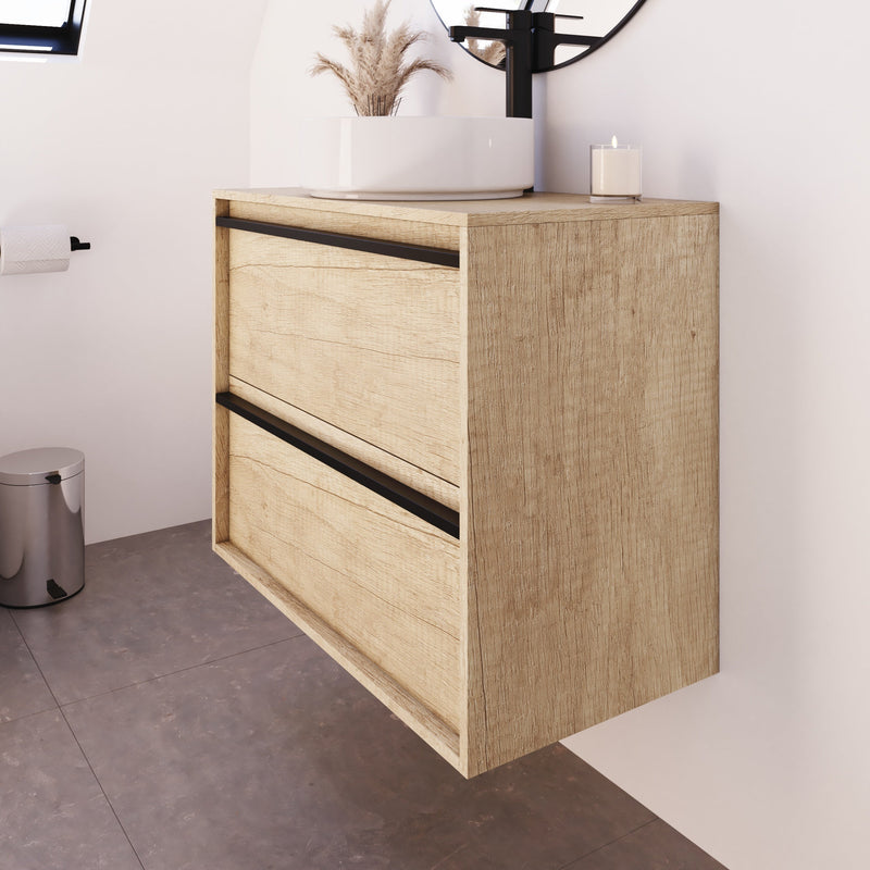 Mattila Noir 800x460mm Wall Hung Vanity Unit with Matt Black Handles - Rustic Oak