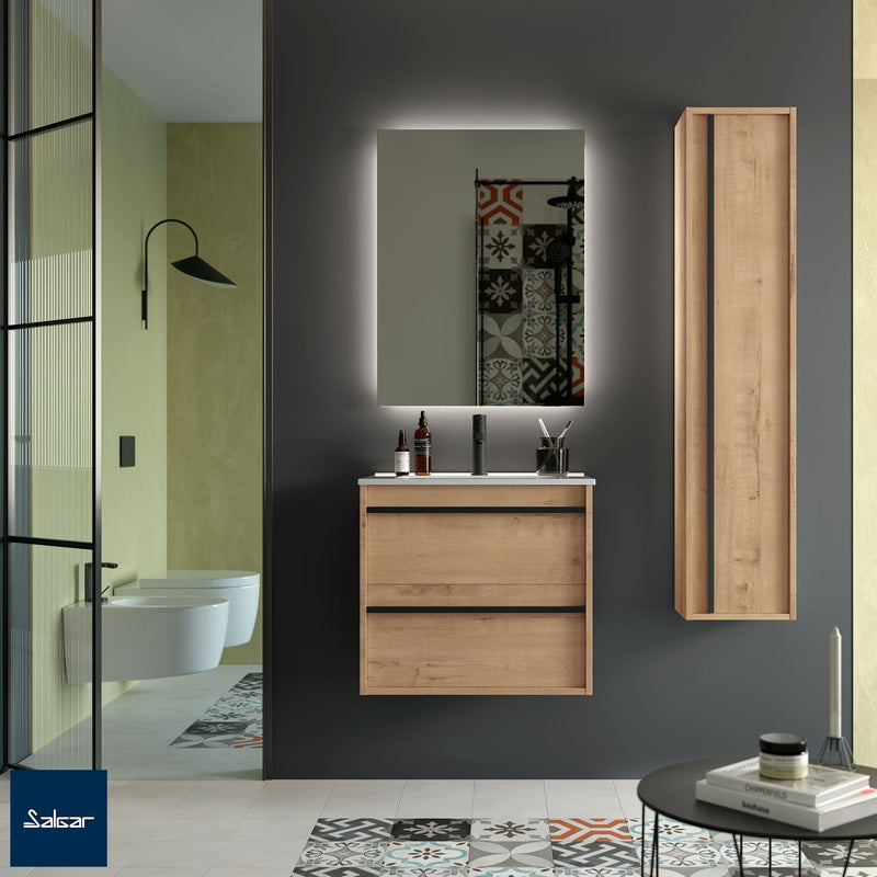 Attila Noir 600mm Wall Hung Vanity Unit with Matt Black Handles - Ostippo Oak + Veneto Basin