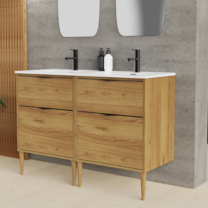 Banyetti Noir Krafter 1200mm Caramel Oak Wall Hung Vanity Unit including Double Basin