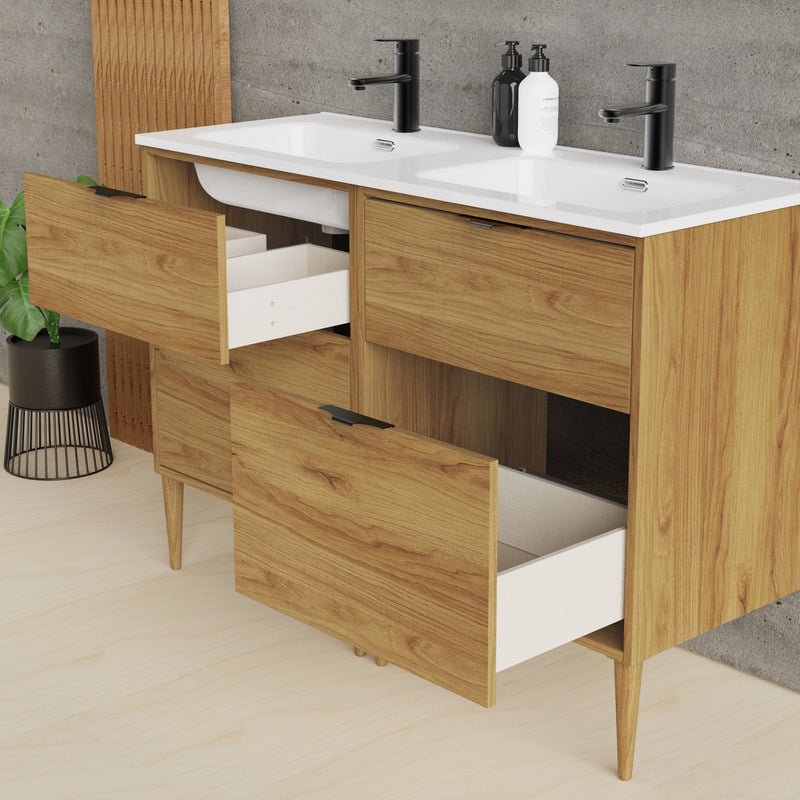 Banyetti Noir Krafter 1200mm Caramel Oak Wall Hung Vanity Unit including Double Basin