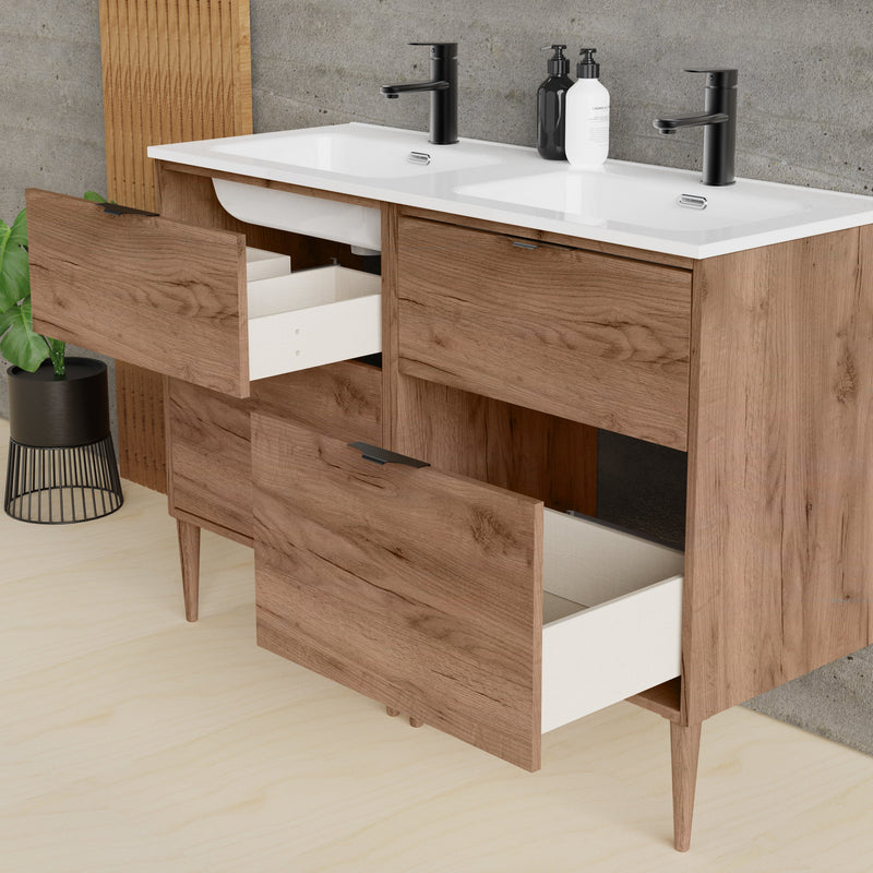 Noir Krafter 1200mm Exotic Walnut Wall Hung Vanity Unit including Double Basin