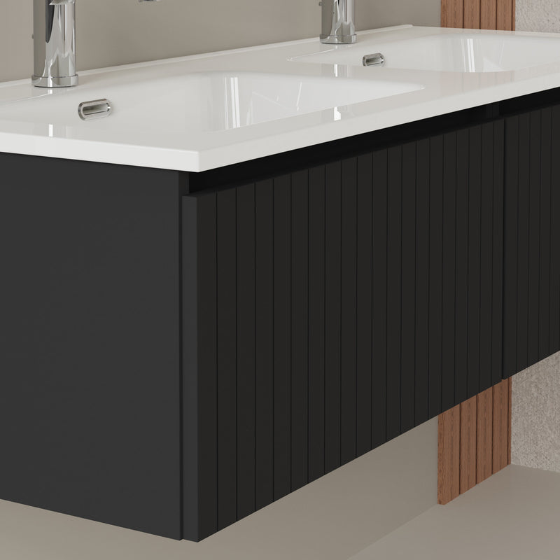 Banyetti Linea Matt Black Fluted Wall Hung Vanity Unit Including Double Basin 1200mm x 460mm