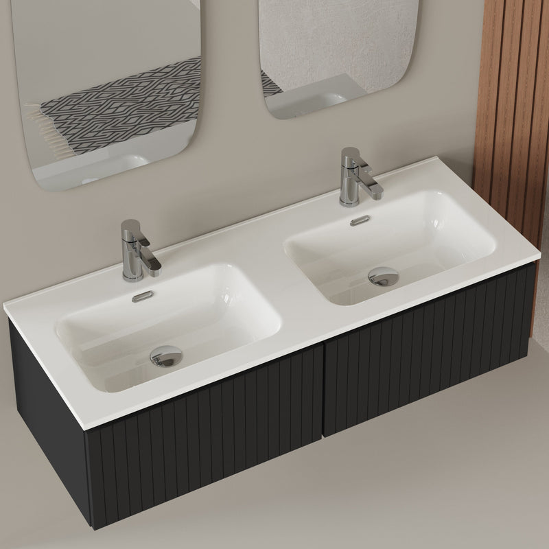 Banyetti Linea Matt Black Fluted Wall Hung Vanity Unit Including Double Basin 1200mm x 460mm