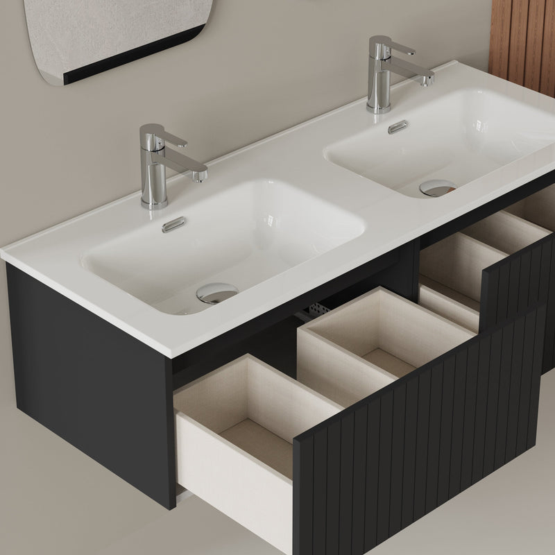 Banyetti Linea Matt Black Fluted Wall Hung Vanity Unit Including Double Basin 1200mm x 460mm