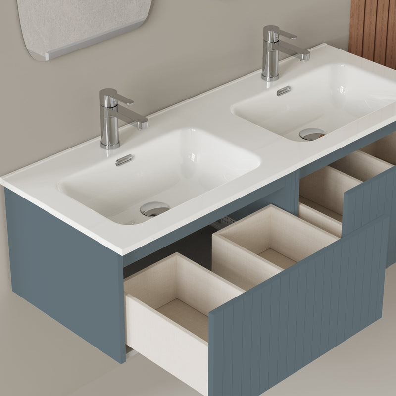 Banyetti Linea Ocean Blue Fluted Wall Hung Vanity Unit Including Double Basin 1200mm x 460mm