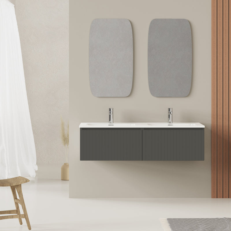 Banyetti Linea Matt Grey Fluted Wall Hung Vanity Unit Including Double Basin 1200mm x 460mm