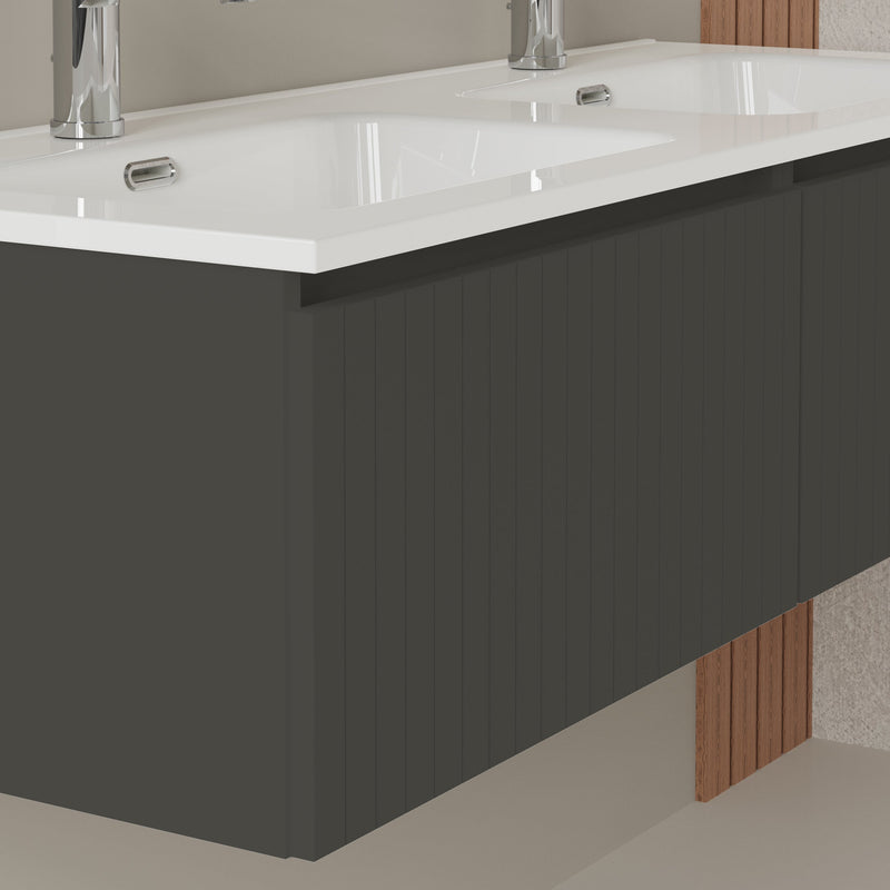 Banyetti Linea Matt Grey Fluted Wall Hung Vanity Unit Including Double Basin 1200mm x 460mm