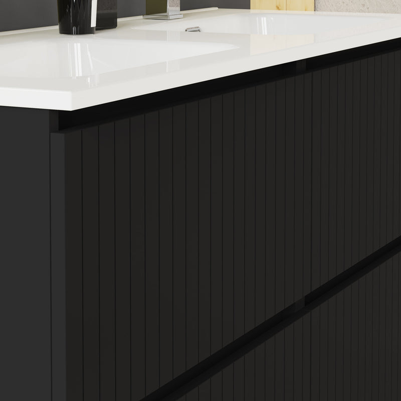 Banyetti Linea Matt Black Fluted Double Drawer Wall Hung Vanity Unit Including Double Basin 1200mm x 460mm