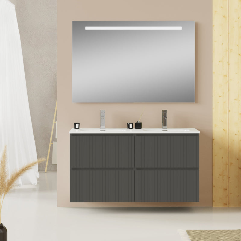 Linea Matt Grey Fluted Double Drawer Wall Hung Vanity Unit Including Double Basin 1200mm x 460mm