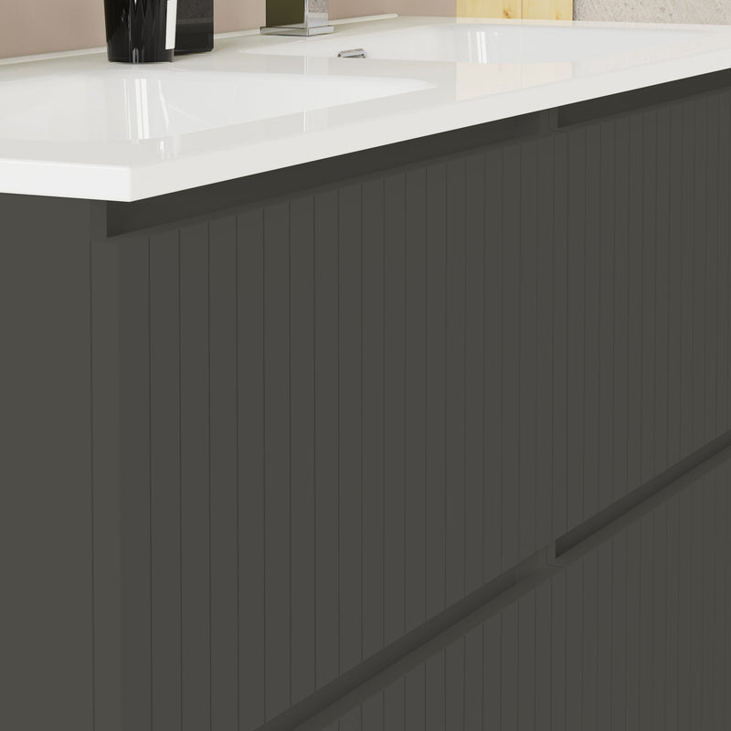 Banyetti Linea Matt Grey Fluted Double Drawer Wall Hung Vanity Unit Including Double Basin 1200mm x 460mm