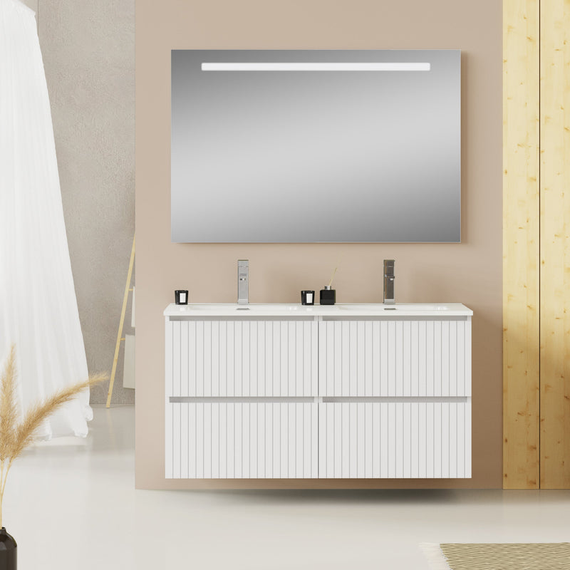 Linea Matt White Fluted Double Drawer Wall Hung Vanity Unit Including Double Basin 1200mm x 460mm