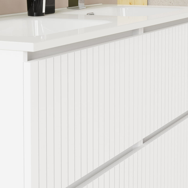 Linea Matt White Fluted Double Drawer Wall Hung Vanity Unit Including Double Basin 1200mm x 460mm